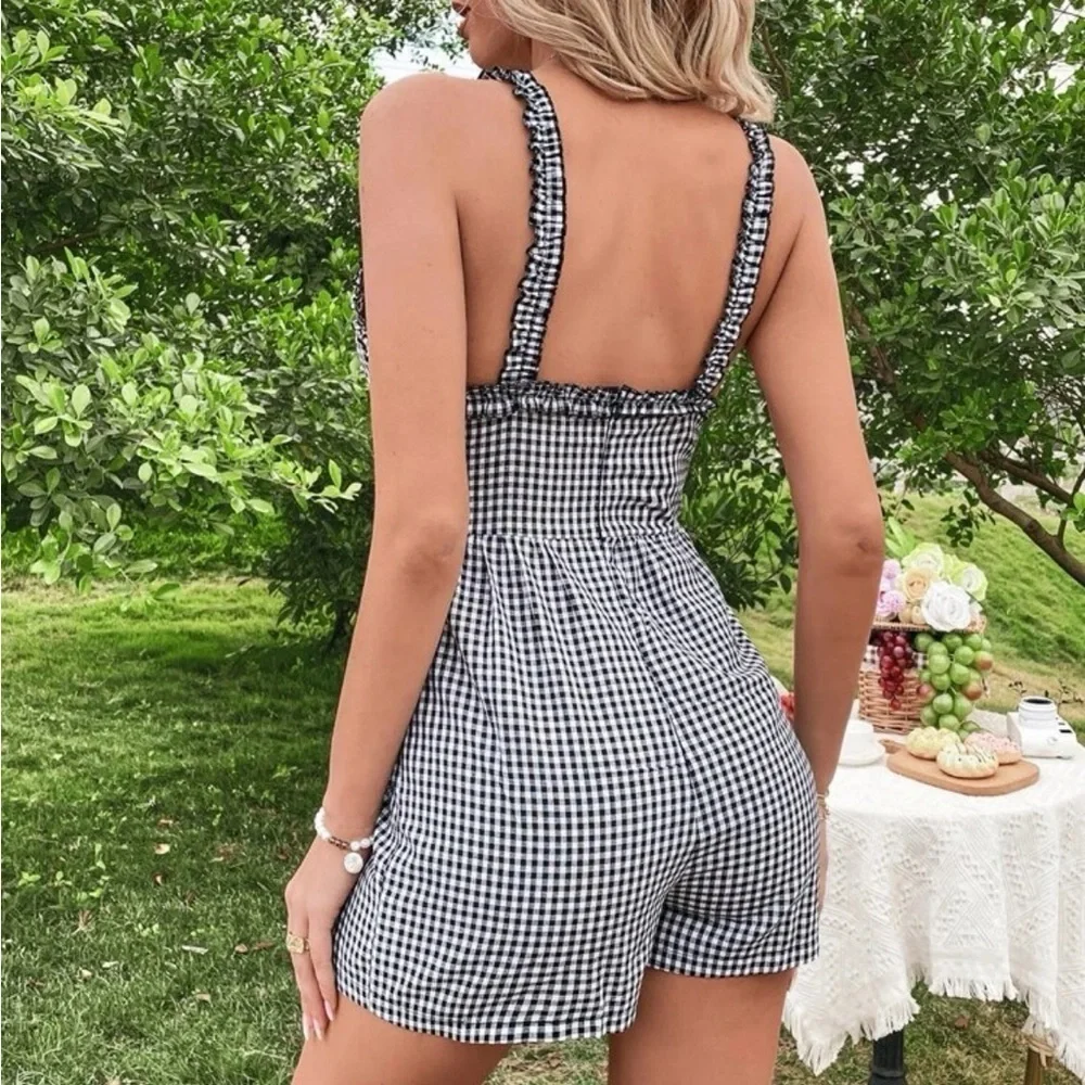 Gingham Cut Out Tie Front Black and White Romper - Picture 3 of 3